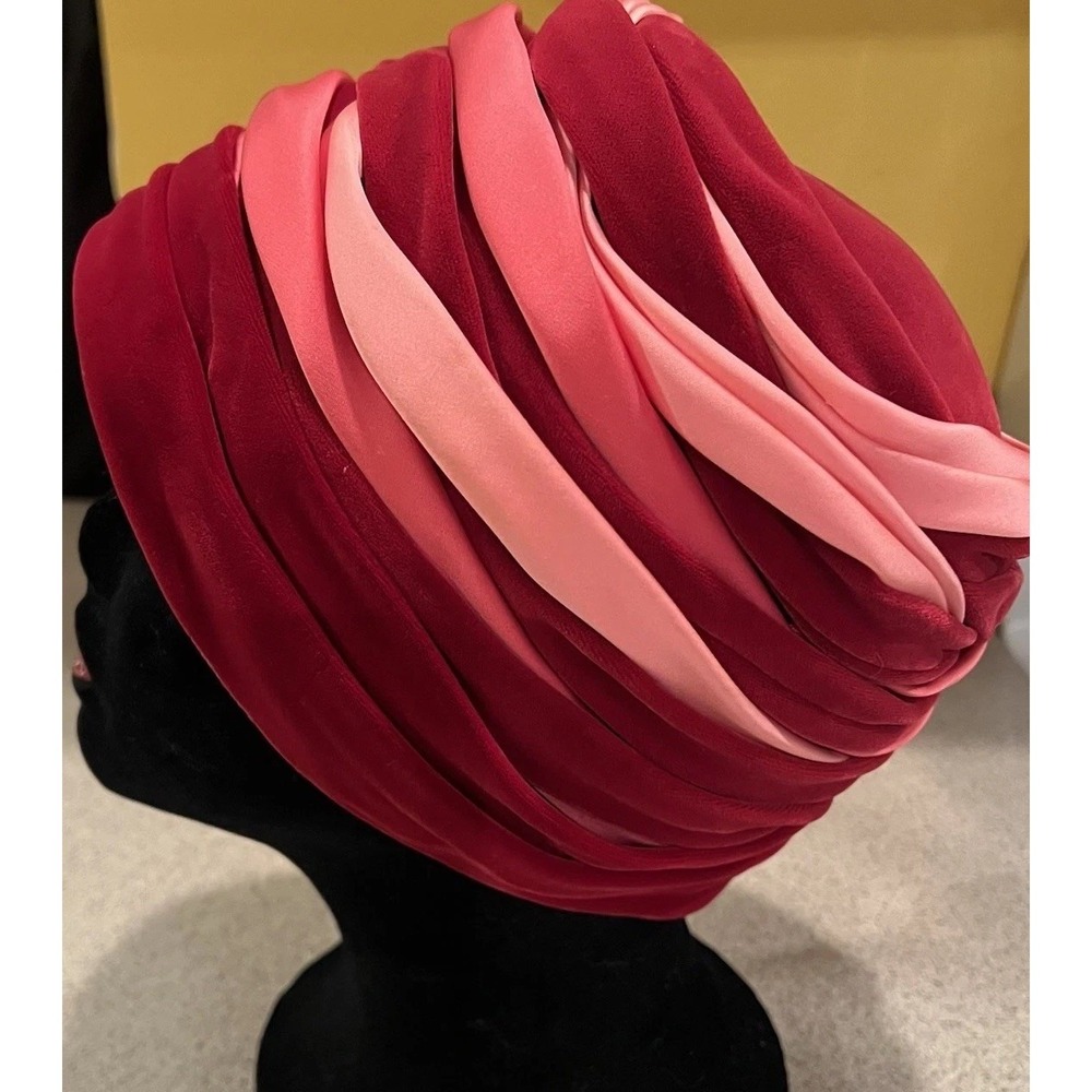 Melinda Original Vtg Turban Hat Pink Red Velvet Mesh Lined 60's Boho Easter WWII - Picture 5 of 7